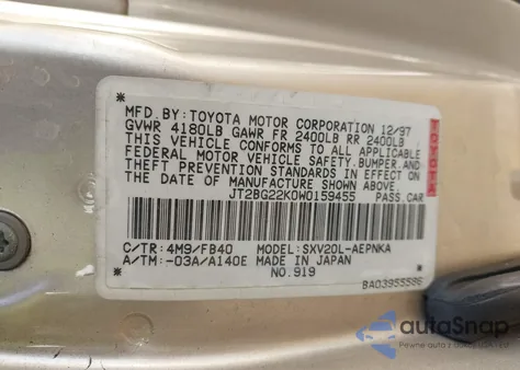 1998 Toyota Camry Le z USA, uszkodzony, nr VIN JT2BG22K0W0159455